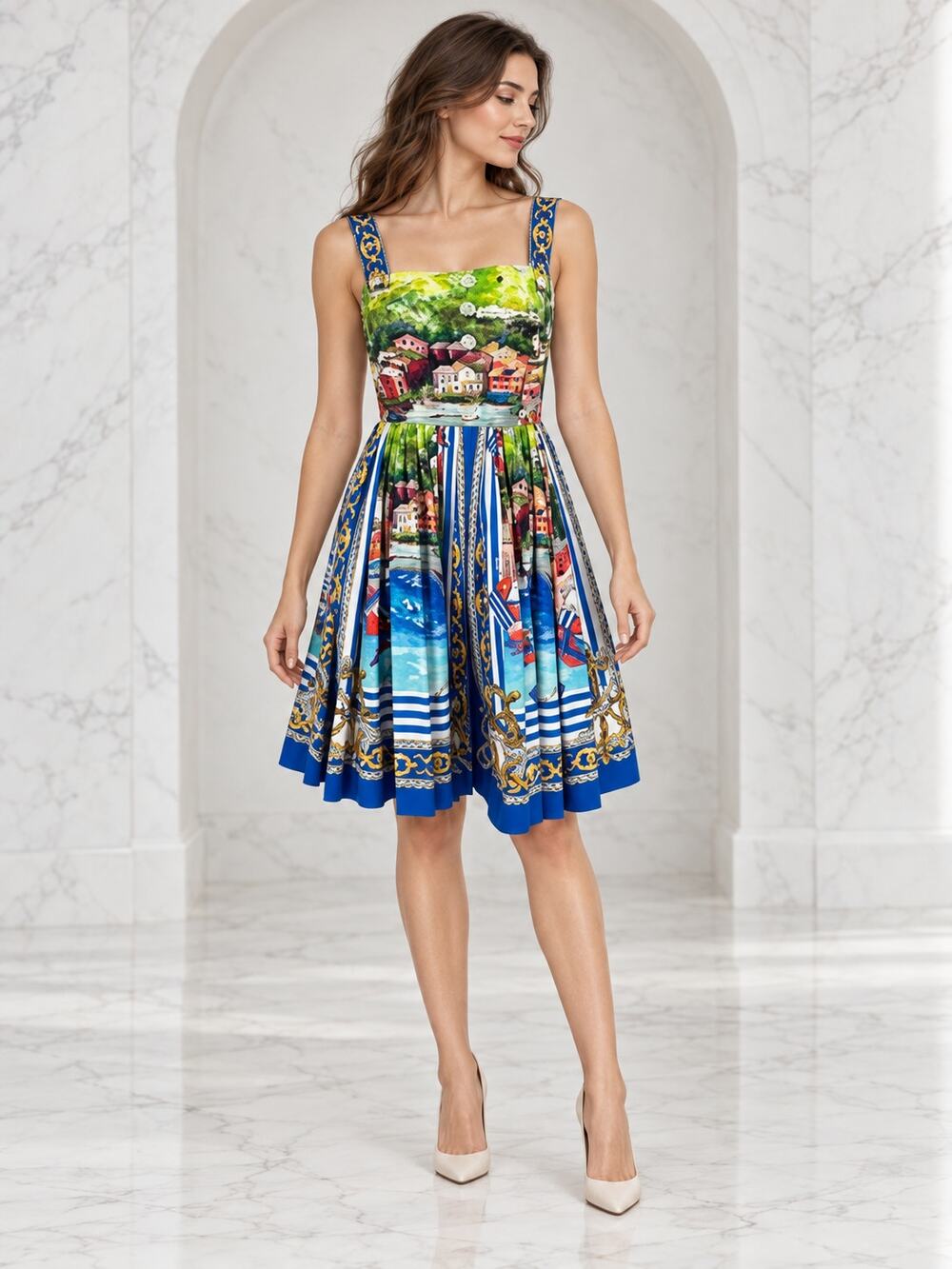 Dolce & Gabbana Portofino Postcard Print Pleated Fit & Flare Dress